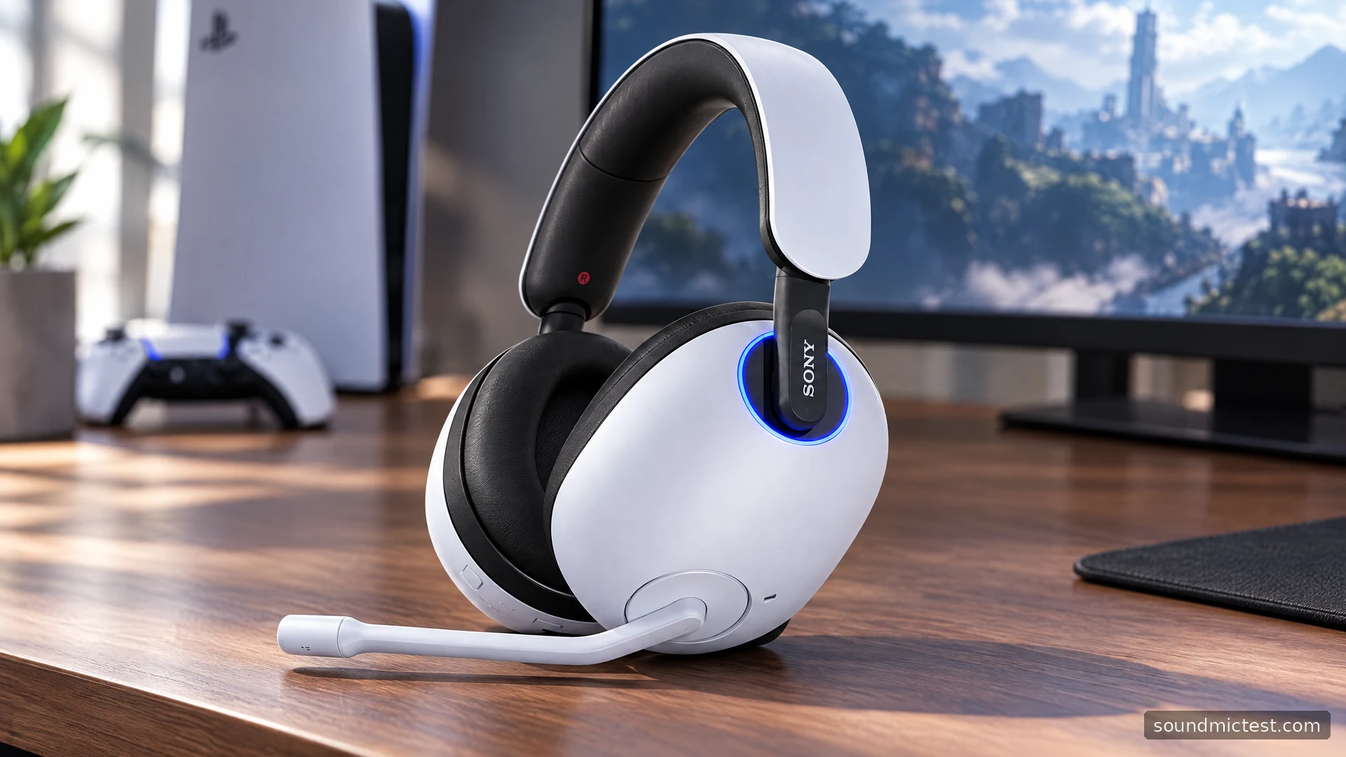 Sony INZONE H9 on a walnut gaming desk