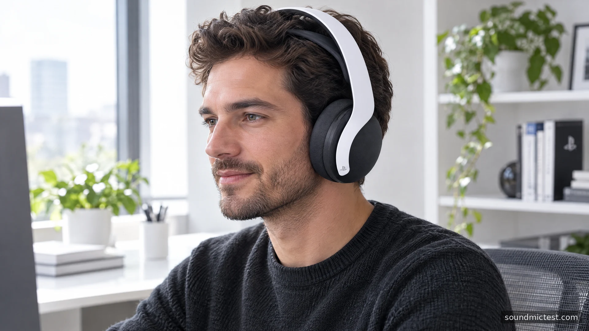 Sony PULSE 3D worn at a white office desk