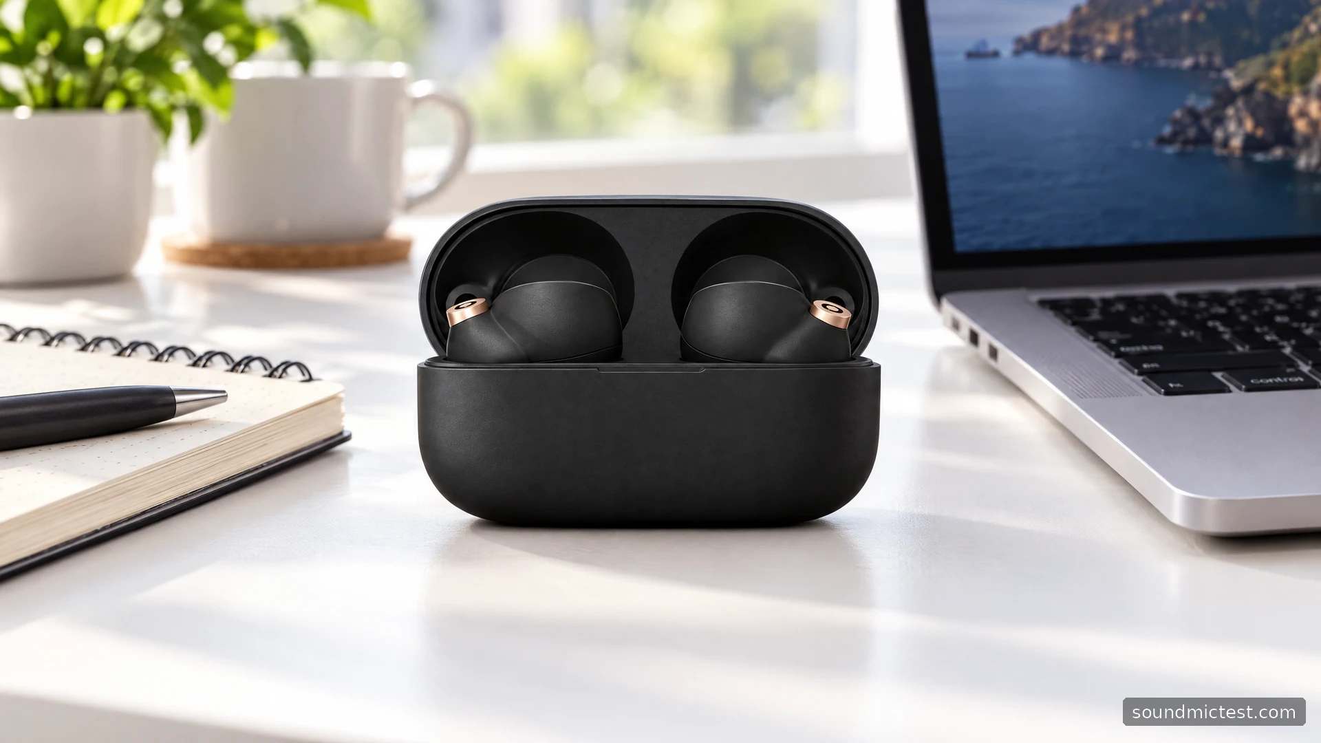 Sony WF-1000XM4 earbuds in an open case on a white office desk