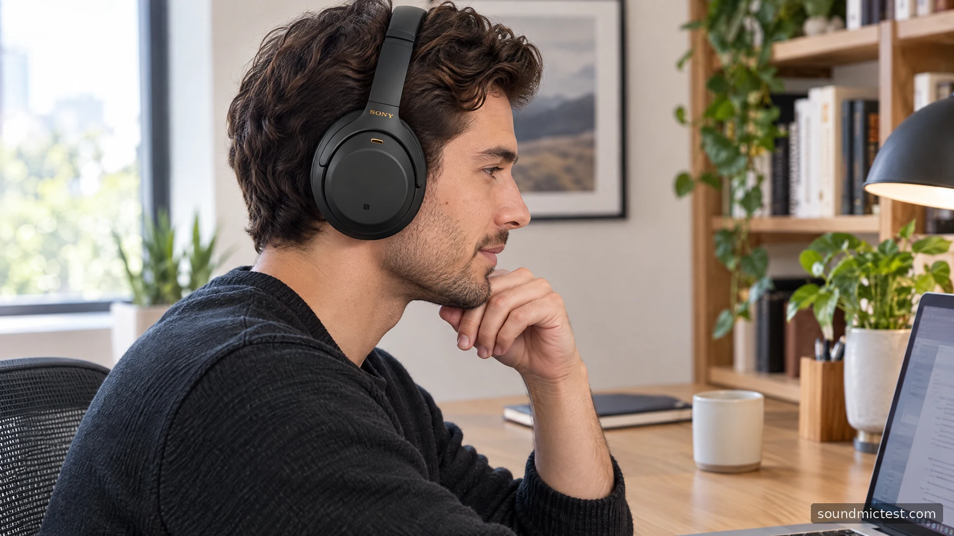 Sony WH-1000XM4 headphones worn while working at a laptop