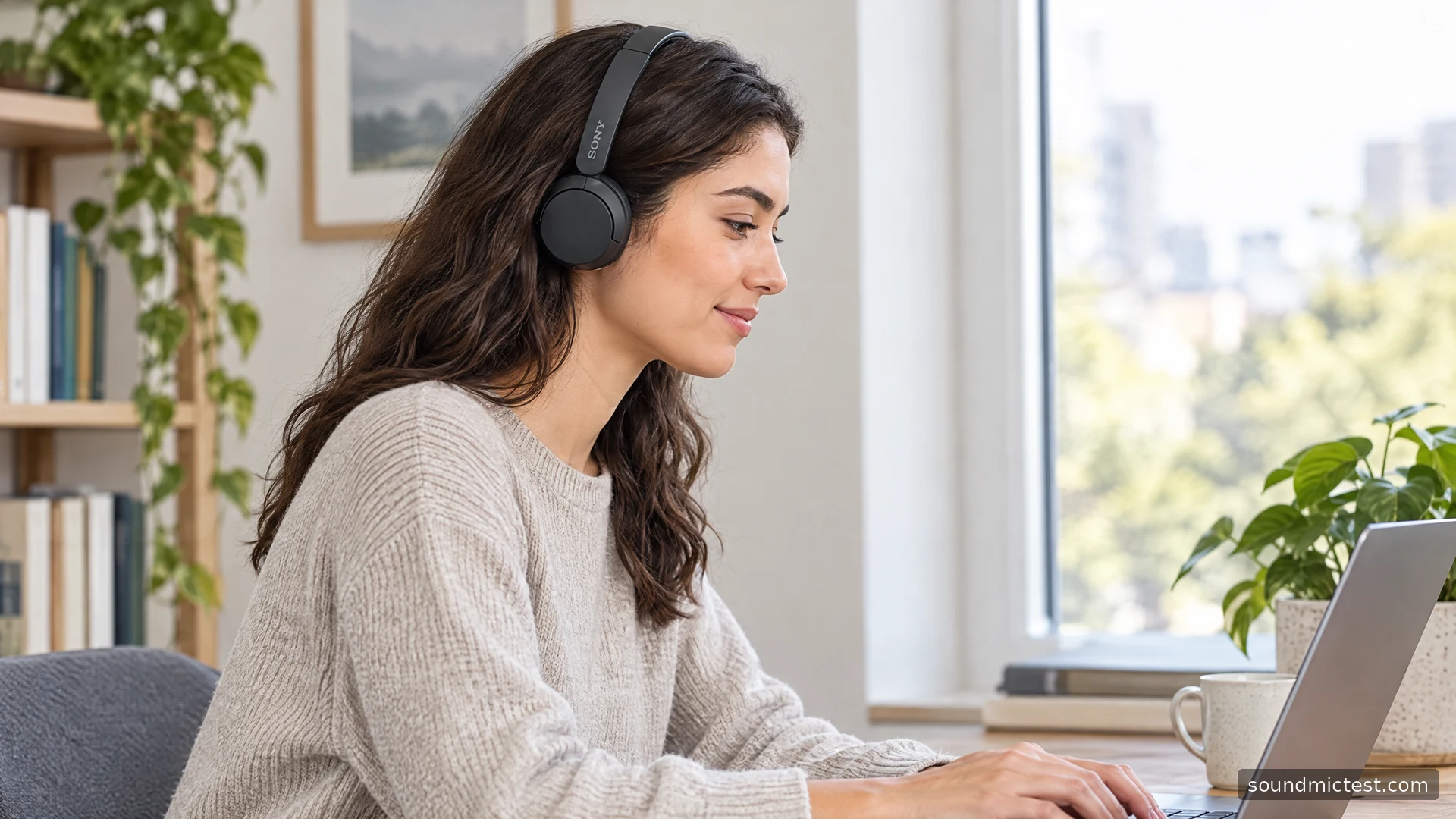 Sony WH-CH520 on-ear headphones worn while using a laptop