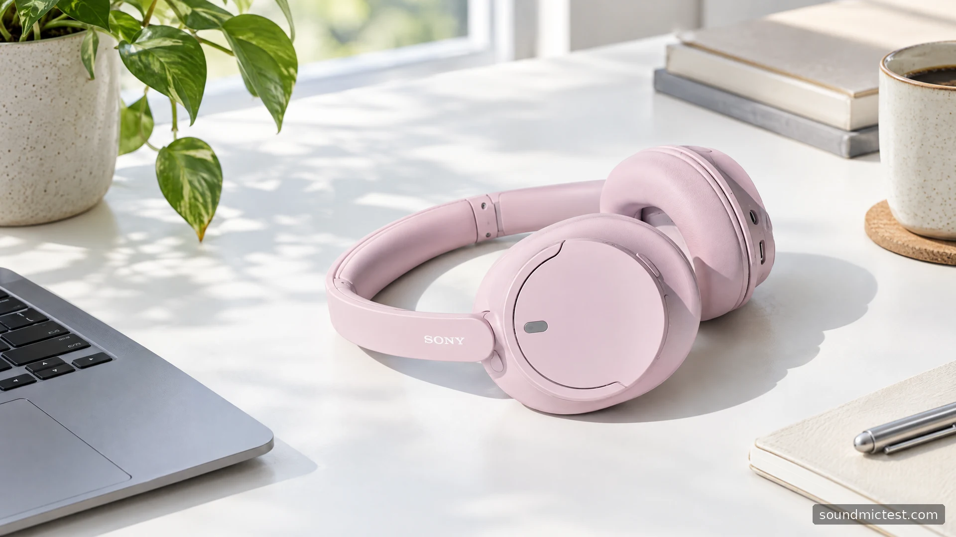 Sony WH-CH720N headphones resting on a white office desk