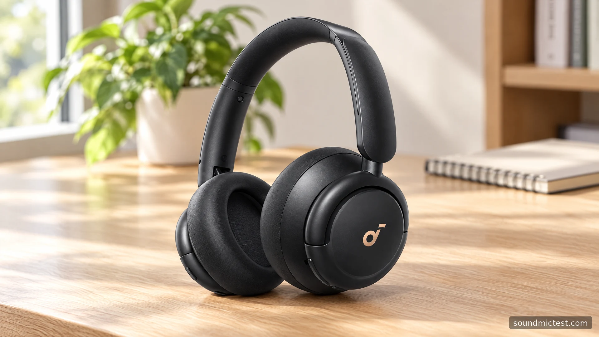 Black Soundcore Life Q30 on a pale wooden desk