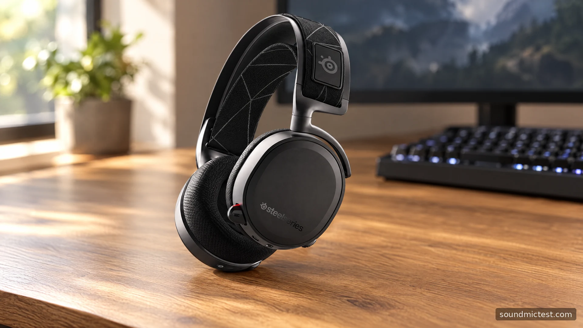 SteelSeries Arctis 7 2019 on a wooden gaming desk