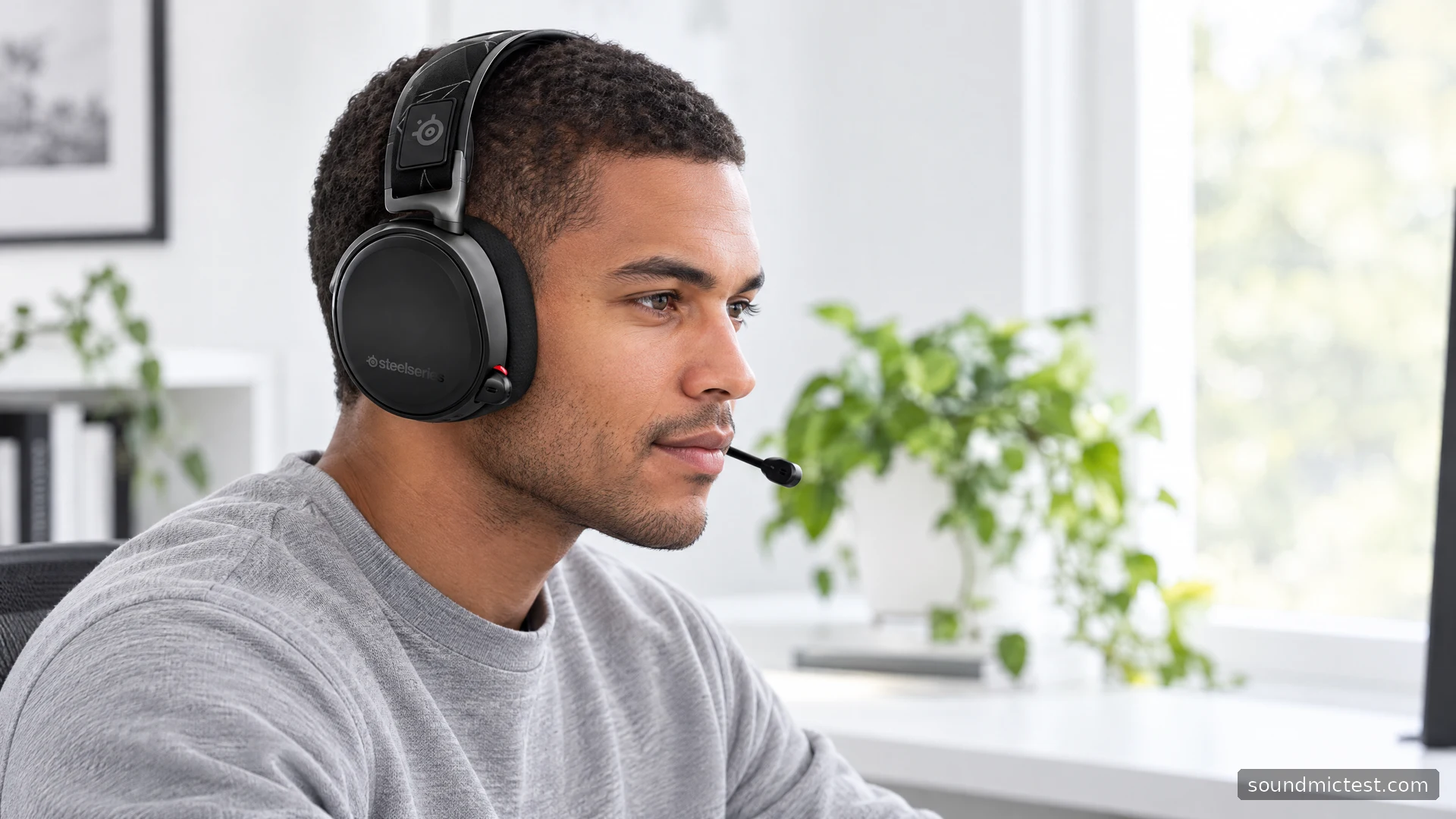 SteelSeries Arctis 7 2019 worn at a bright office desk