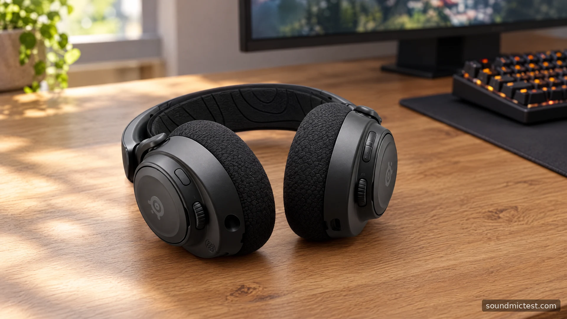 Arctis Nova 7 Wireless on a wooden gaming desk