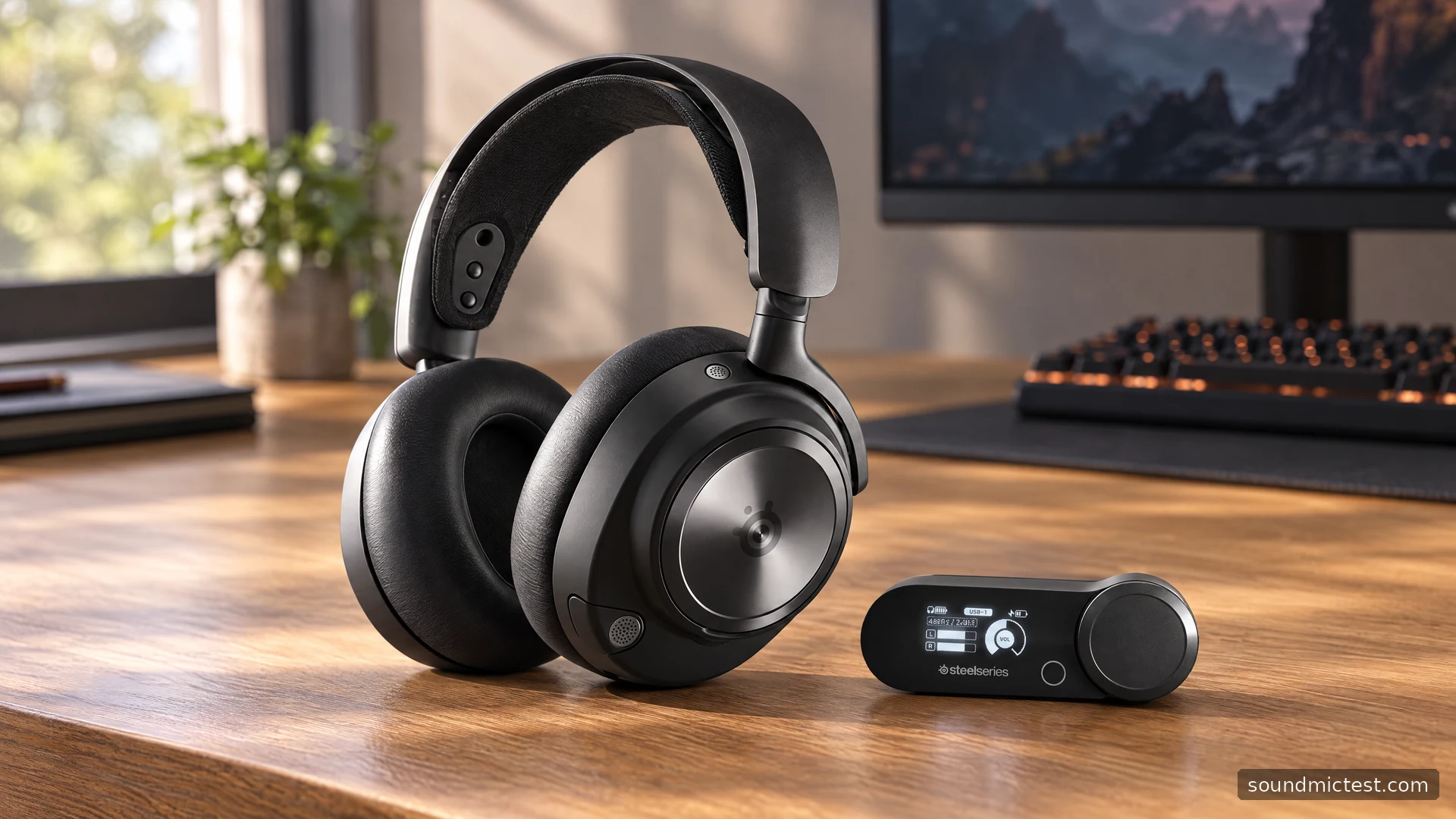 Arctis Nova Pro Wireless on a wooden gaming desk