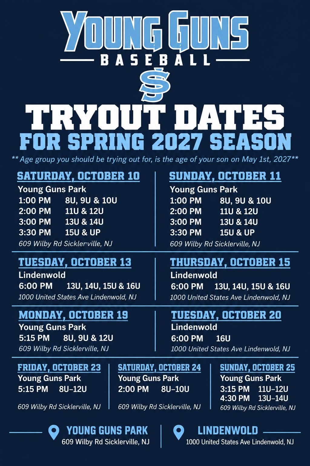 Young Guns Baseball Tryout Dates for Spring 2027 Season