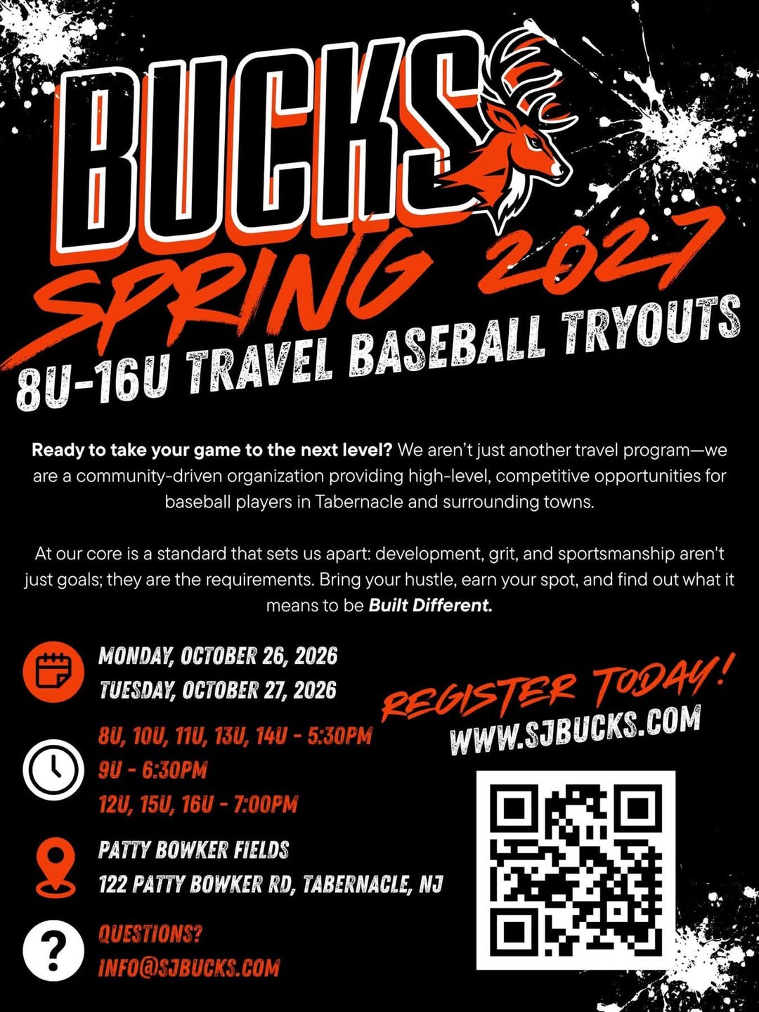 Bucks Spring 2027 8U-16U Travel Baseball Tryouts