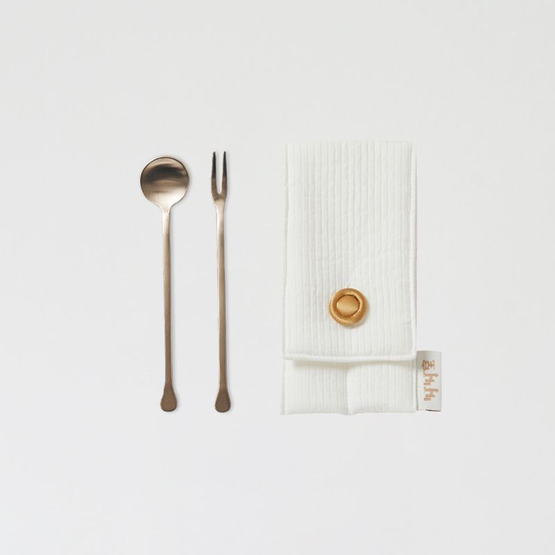 [Free Engraving] Brass Tea Fork Set and Quilted Cutlery Case