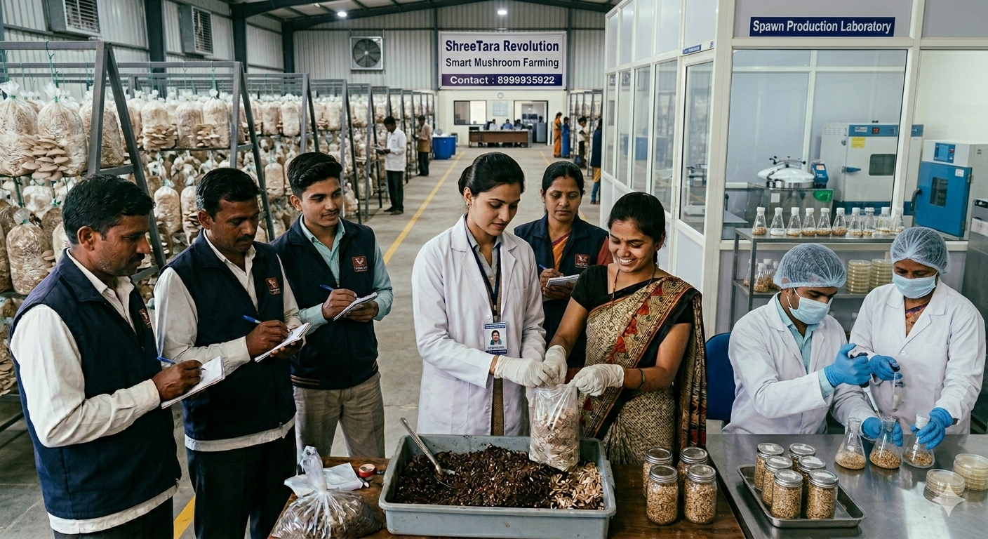 Practical mushroom cultivation training session at Smart Mushroom Farming.