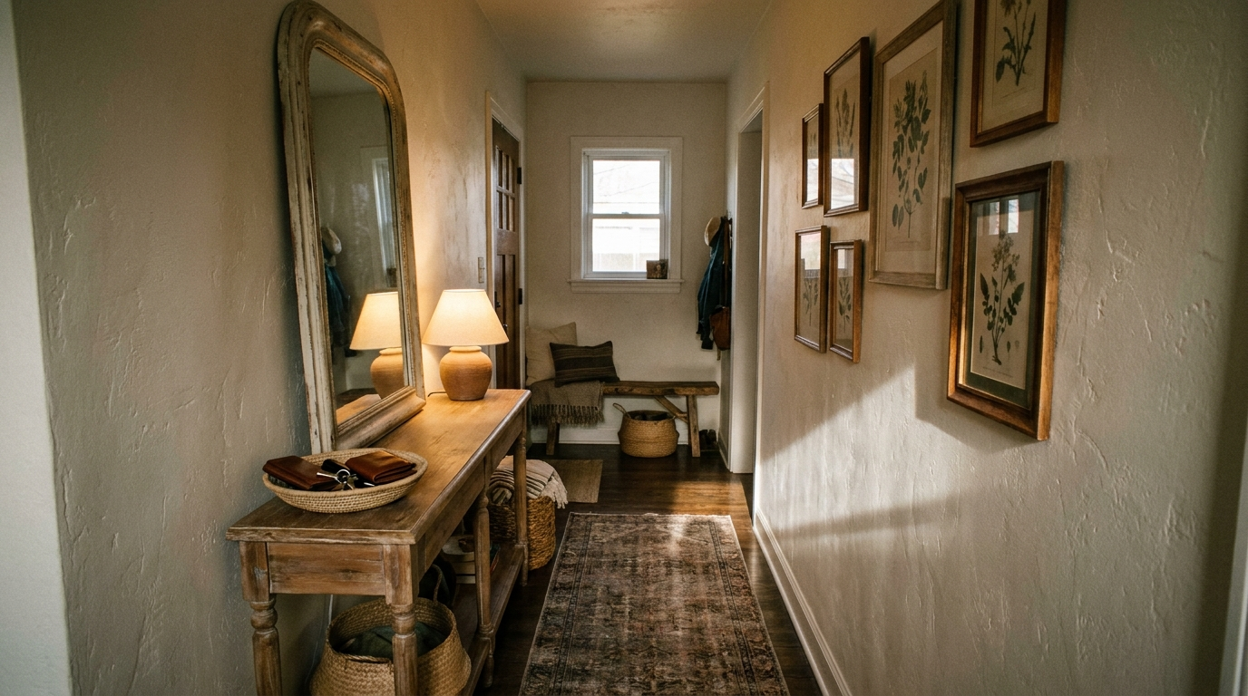 Patères, panier et miroir : tout est au mur, le sol reste dégagé.