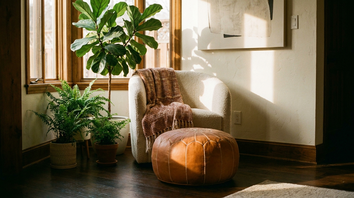 En repose-pieds près d'un fauteuil, le velours côtelé réchauffe tout de suite le coin salon.
