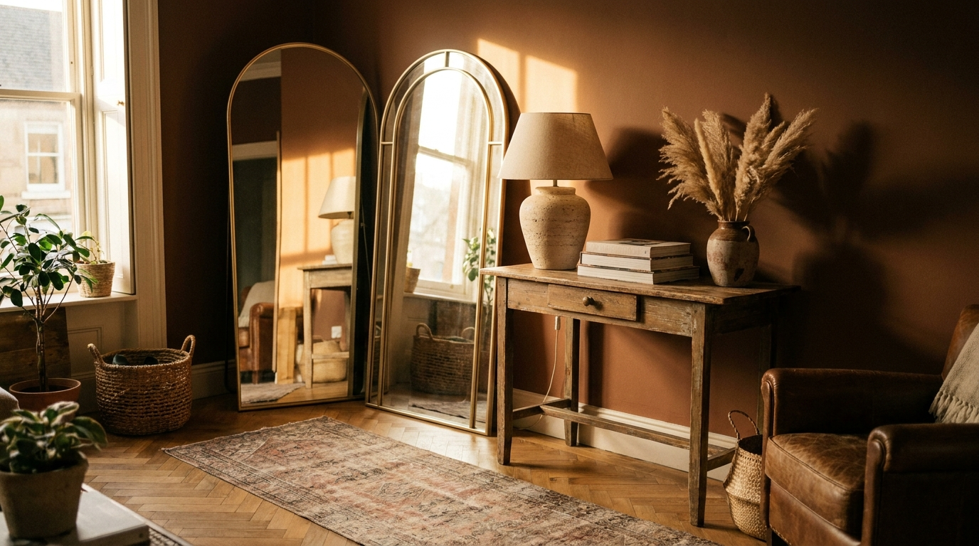 An arched mirror leaned against the wall doubles the light and adds character.