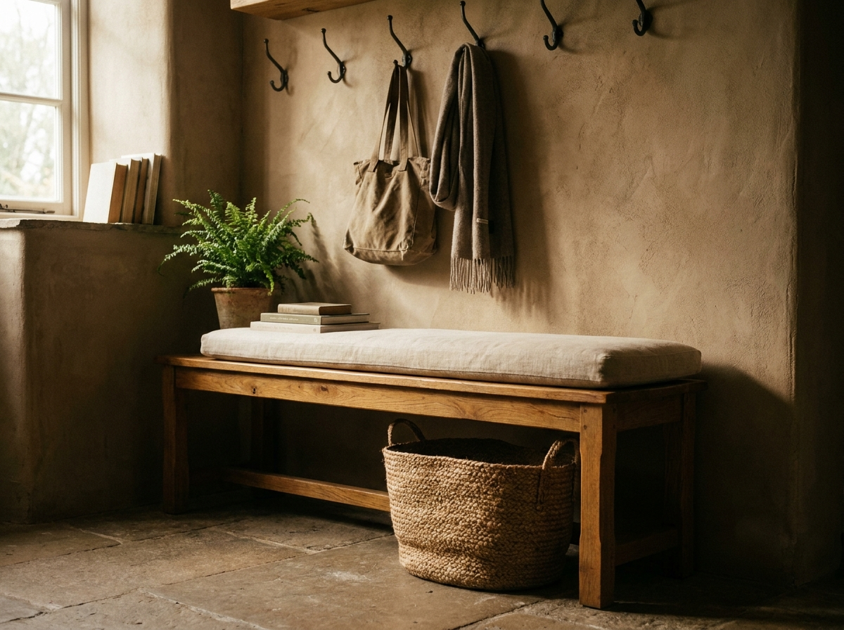 Un banc d'entrée en bois, simple et solide