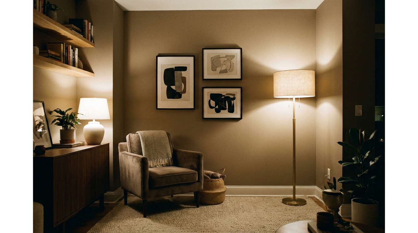 Proportions, lumière et murs habillés avec mesure : l'intérieur respire.