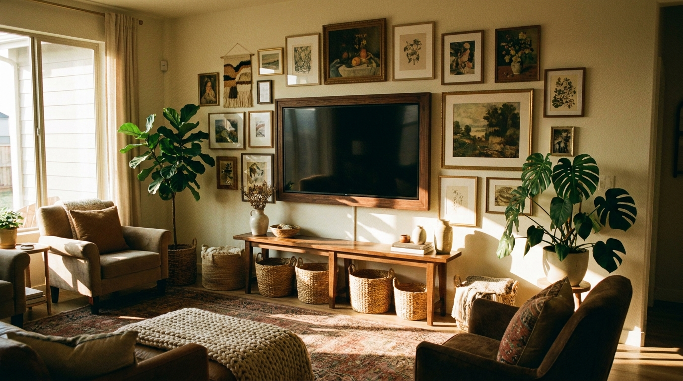 Built into filled shelving, the TV blends into the decor.