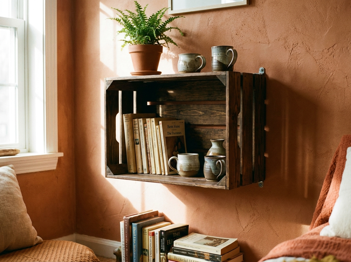 Une étagère déco avec une simple caisse en bois