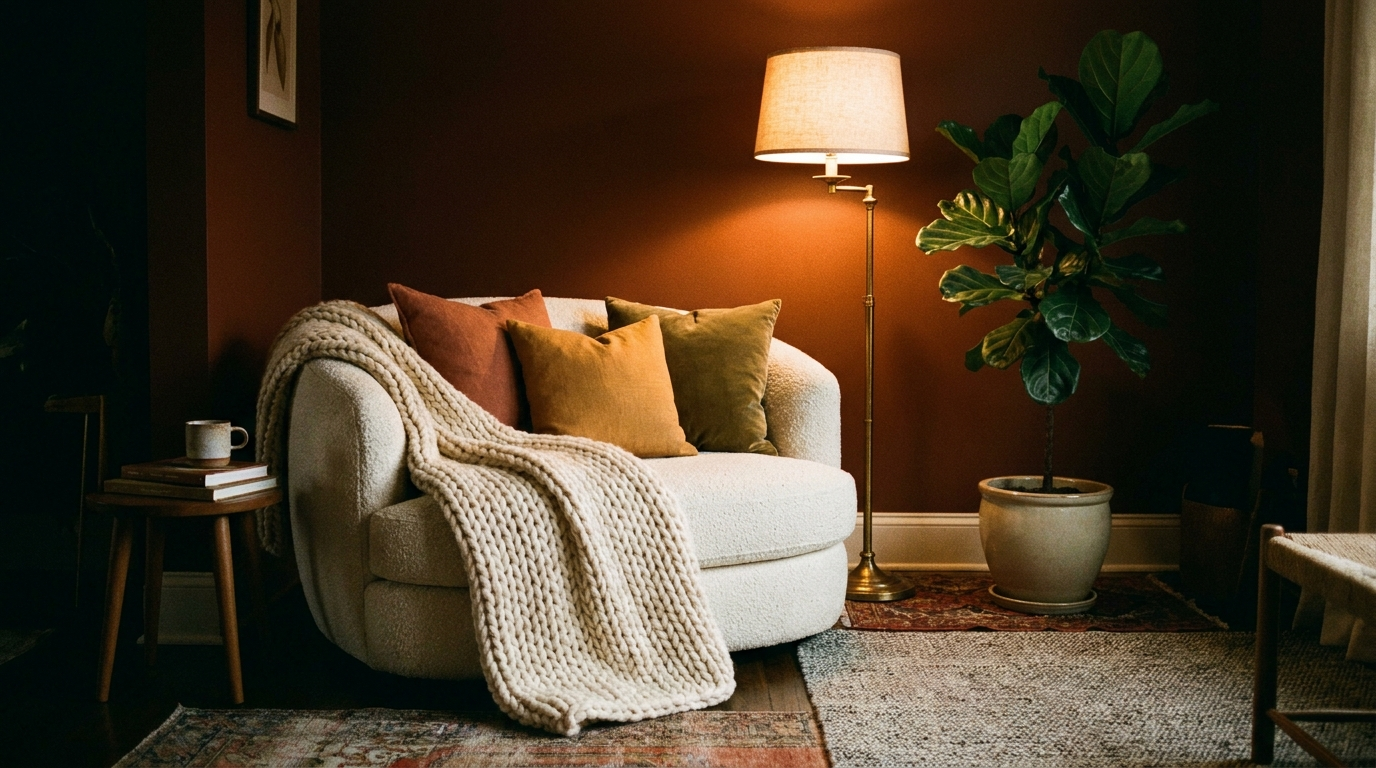 Jeté sur un fauteuil, le plaid grosse maille crée un cocon instantané.
