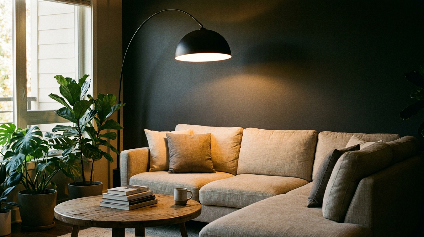 Set behind the sofa, the arc casts light right over the seat.