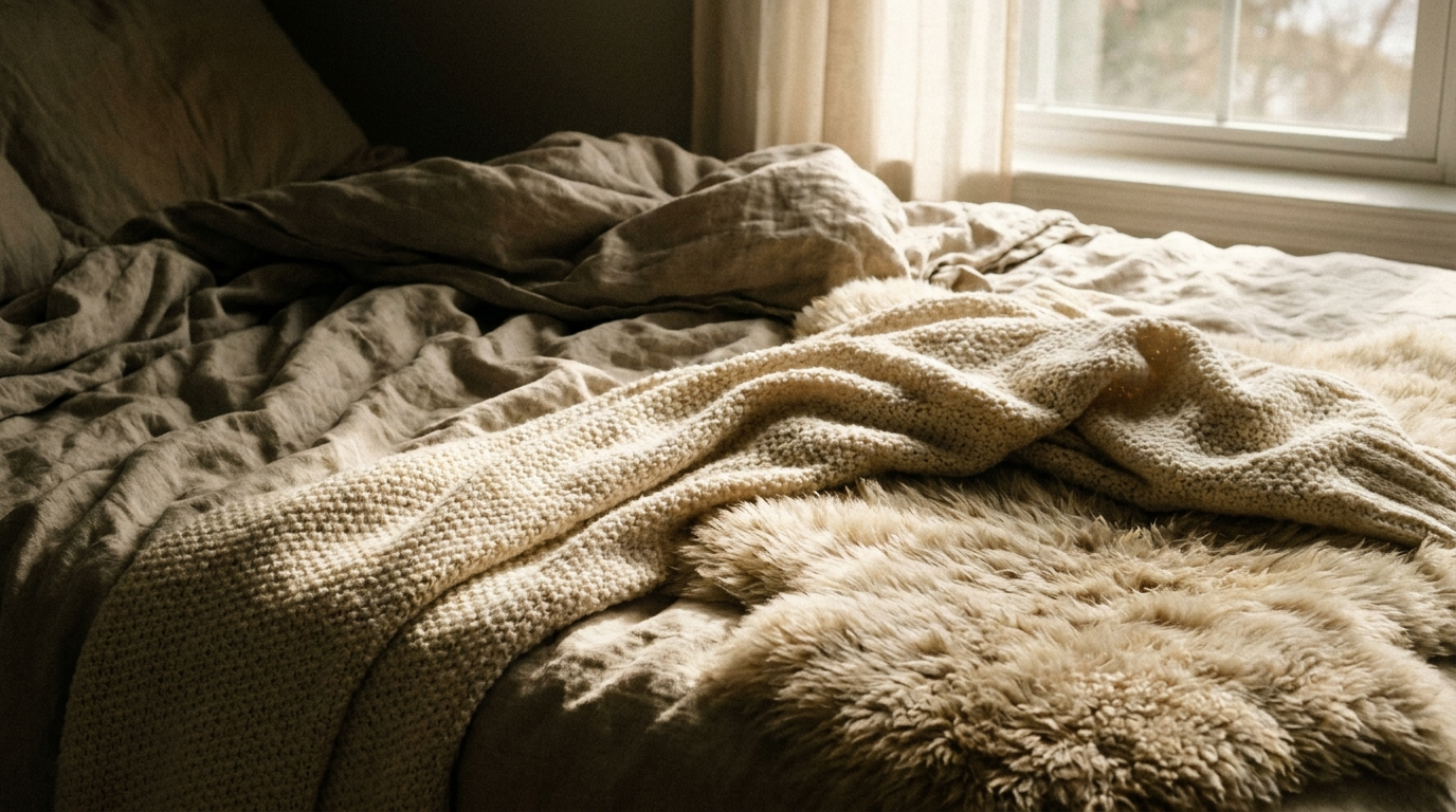 Soft tones, linen and knit: the bedroom becomes a cocoon.