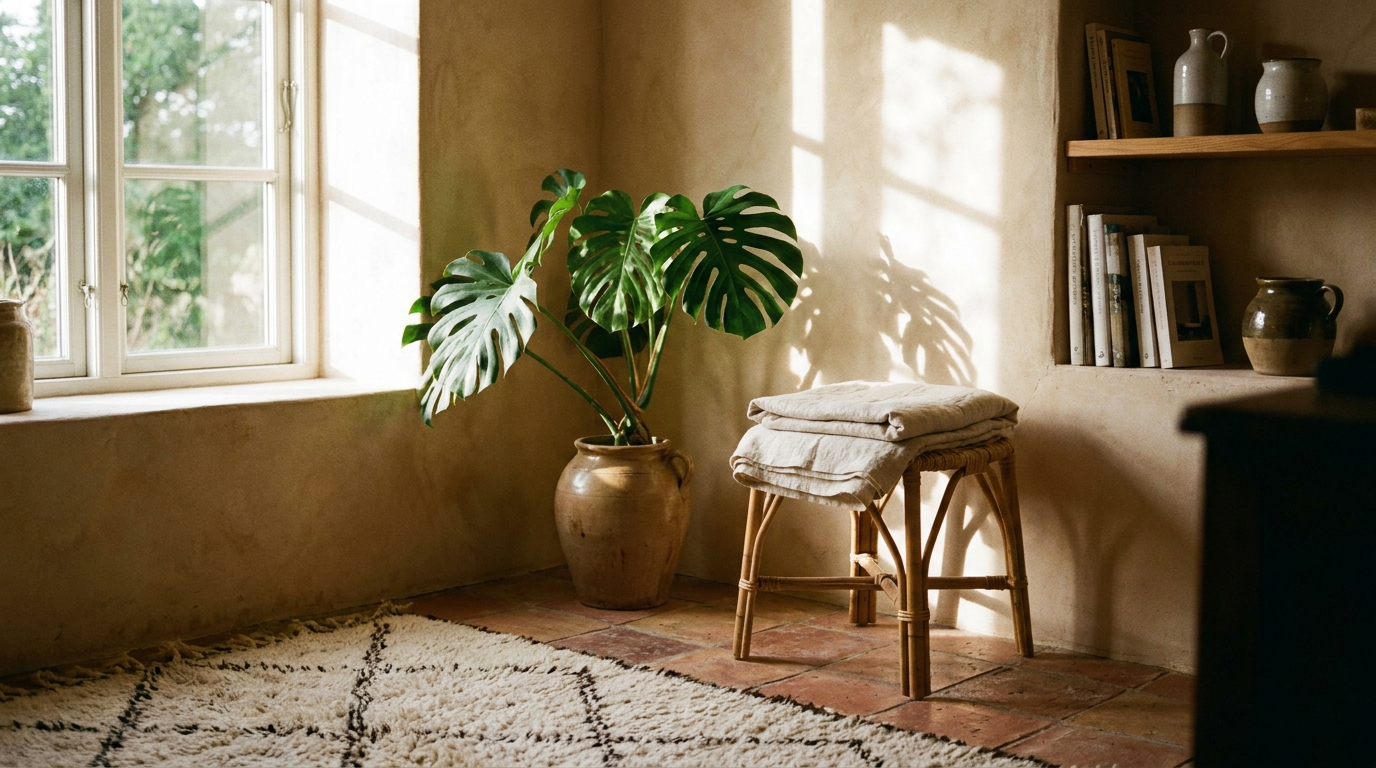 Une grande plante près de la lumière anime un mur et projette des ombres.