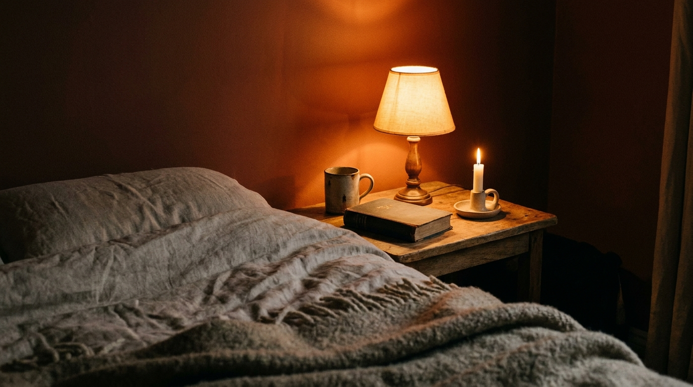 Une lumière de chevet basse et chaude installe le calme du soir.