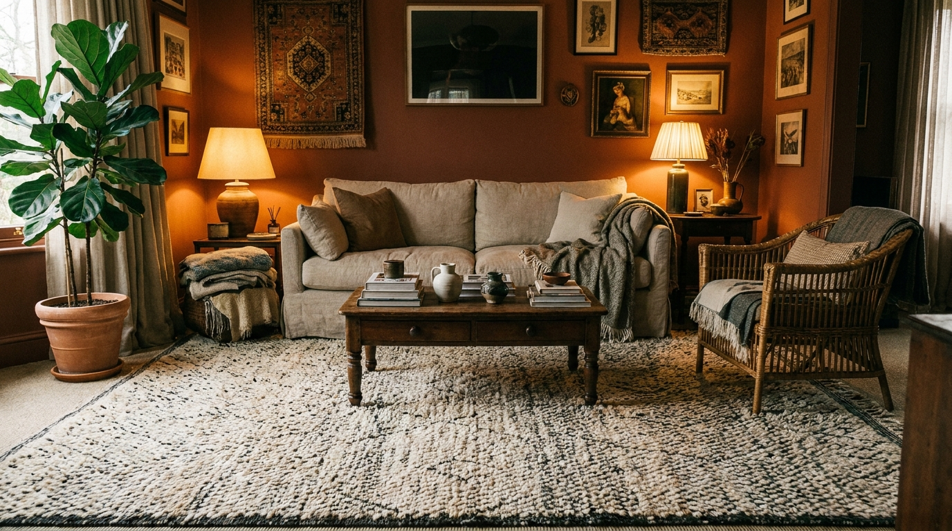 Posé sous les assises, un grand tapis berbère unifie tout le salon.