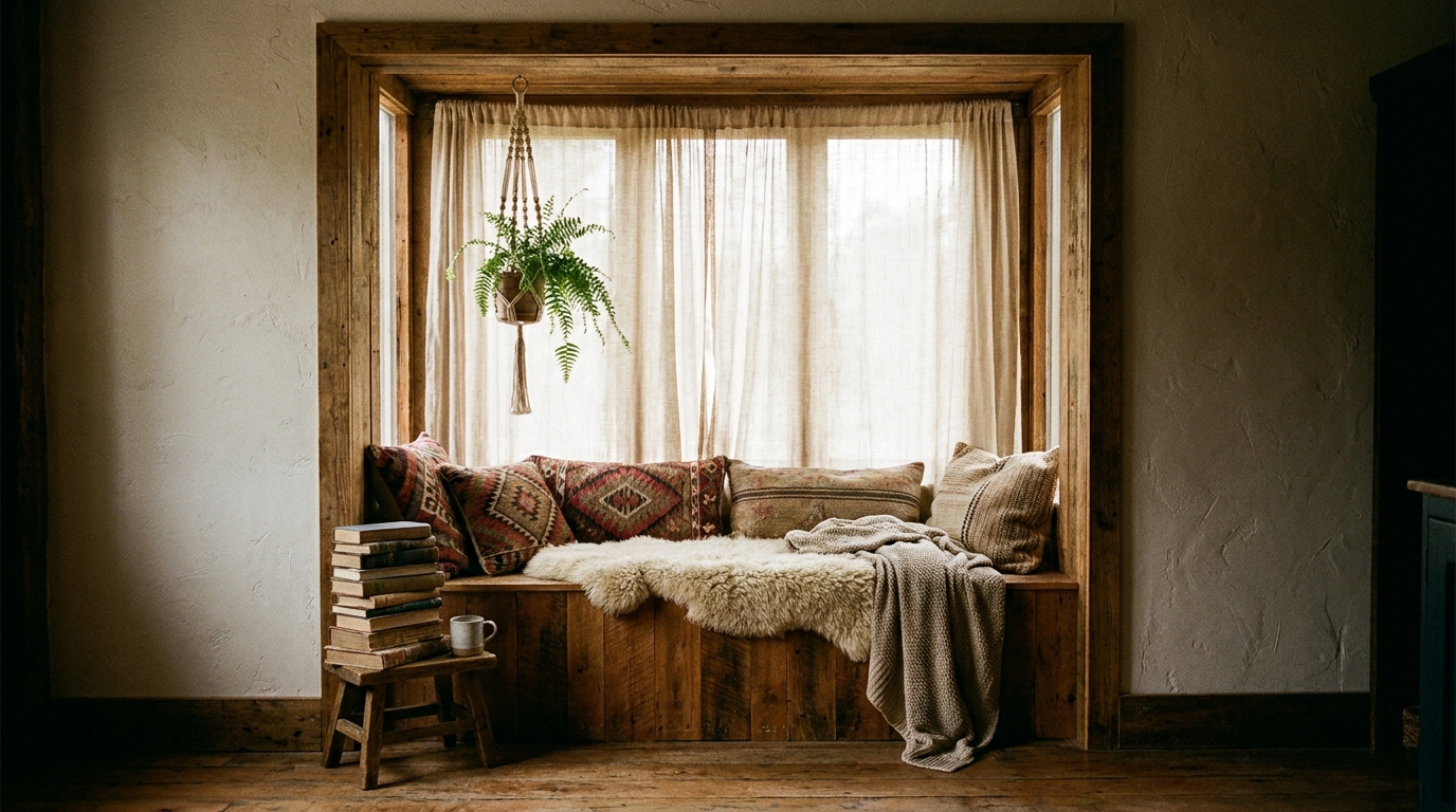 Under a window, a bench and cushions are enough to create a cocoon.