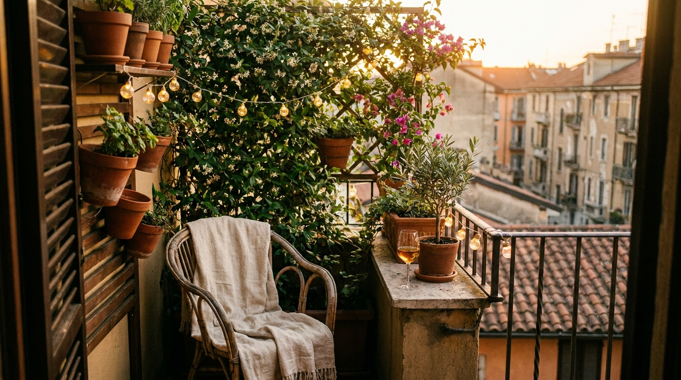 Festoon lights, greenery and warm light turn the balcony into an evening lounge.