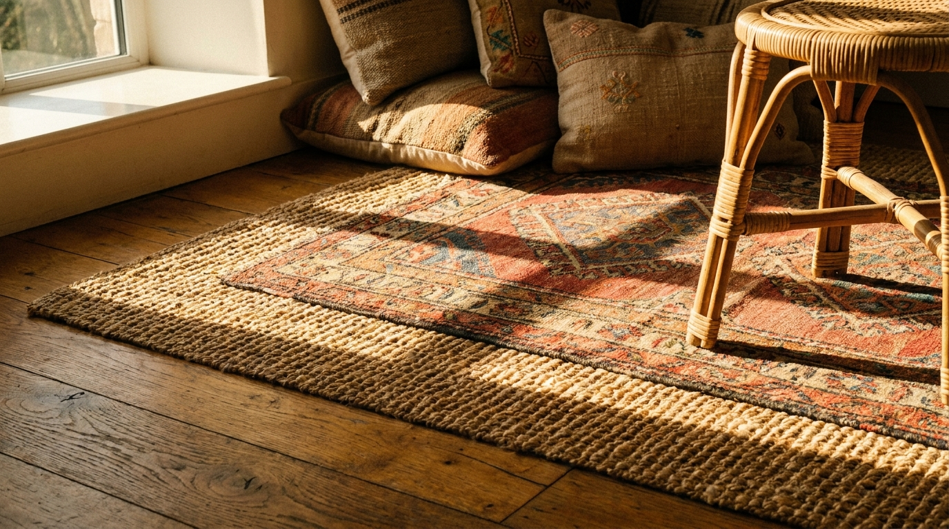 Superposer un kilim sur un grand jute : de la matière et du cachet en plus.