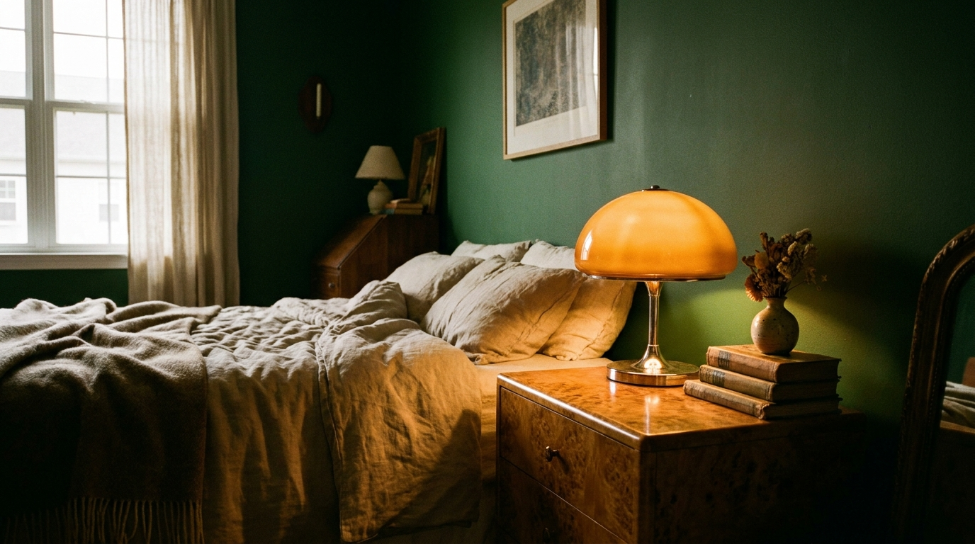 On a nightstand, the mushroom lamp casts a warm, enveloping glow.