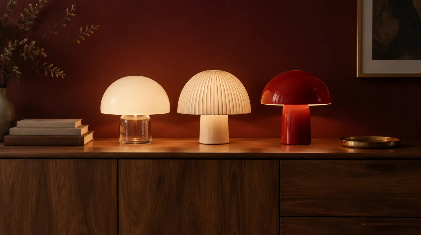 Trois lampes champignon allumées sur un buffet en noyer : dôme en verre opalin, dôme en tissu plissé, métal rouge laqué (illustration générée, pas des produits réels)