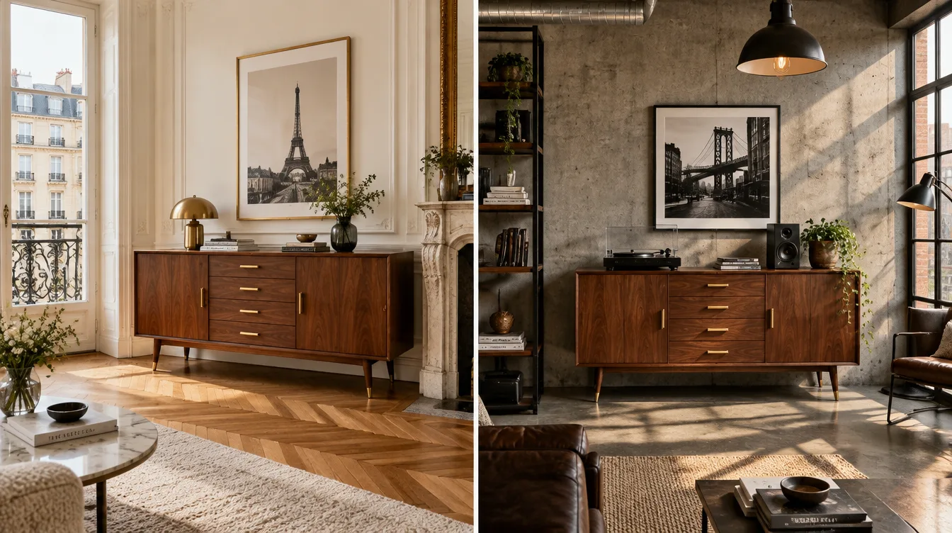 The same walnut sideboard shown in two different settings: a Parisian apartment and an industrial loft