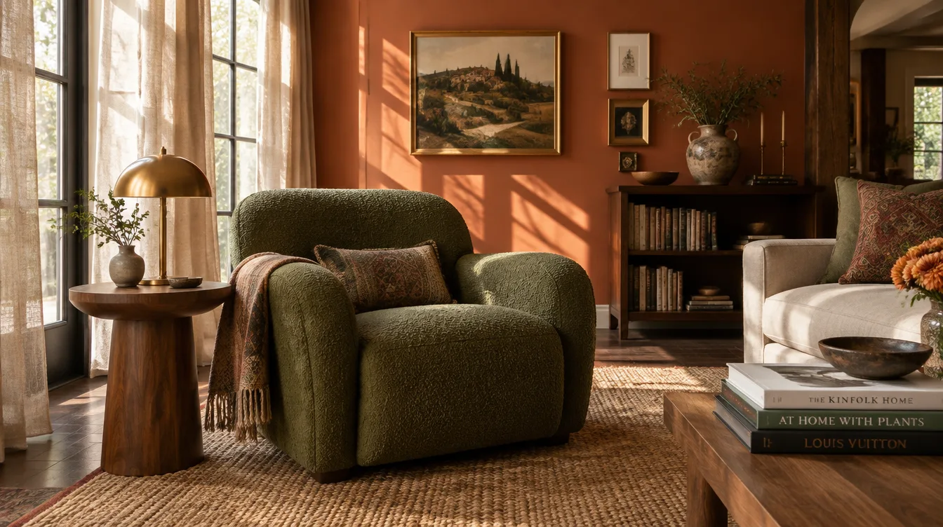 Warm living room with a distinctive olive green bouclé armchair, walnut side table and brass lamp in natural afternoon light