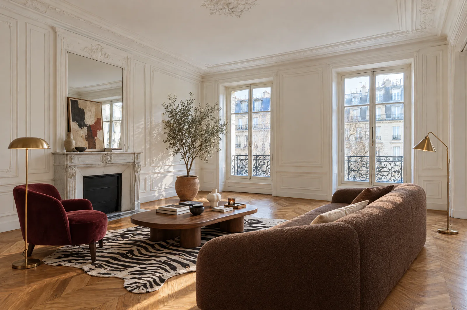 La même pièce meublée virtuellement : canapé bouclette cacao, fauteuil en velours bordeaux, tapis zèbre et table basse en noyer (illustration générée)