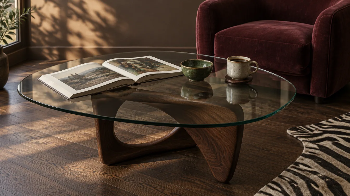 Une table basse à plateau de verre de forme libre sur un piètement en noyer sculpté, à côté d'un fauteuil en velours bordeaux (illustration générée, pas un produit réel)