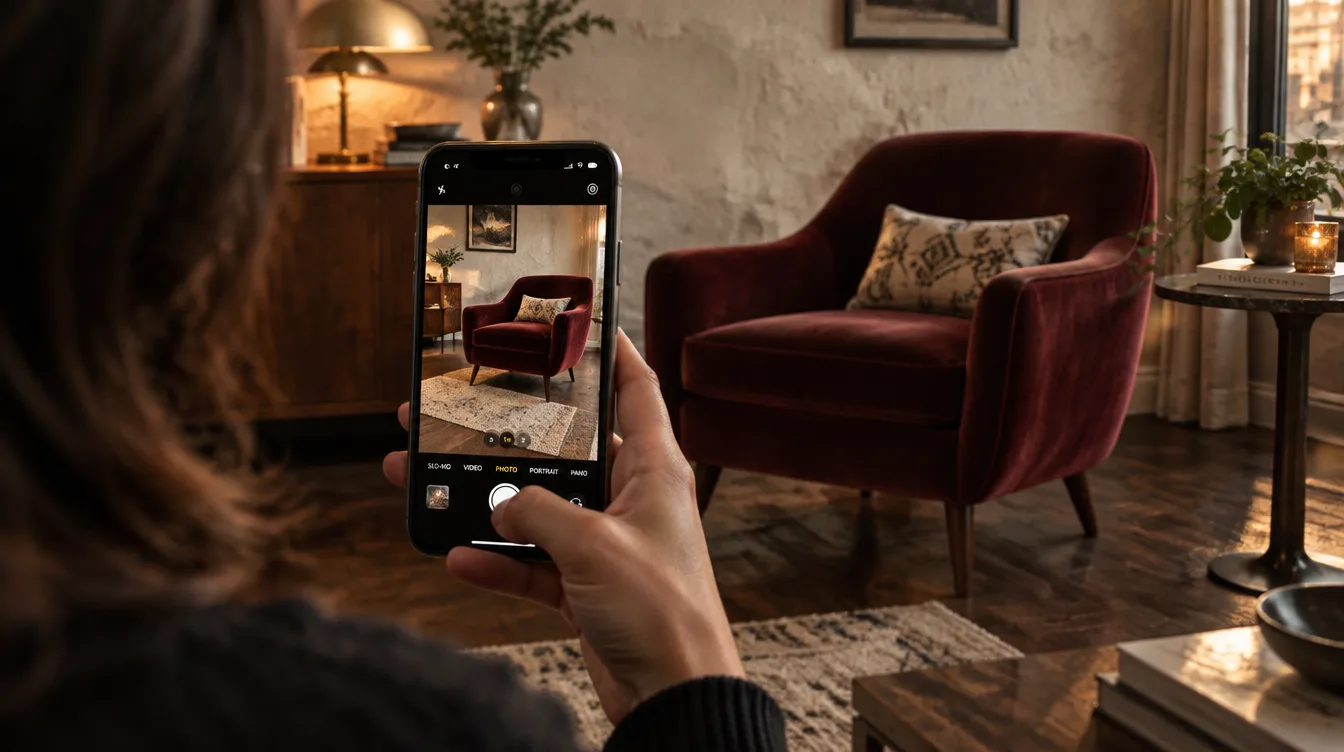 A hand holding a phone photographing a burgundy velvet armchair in a living room