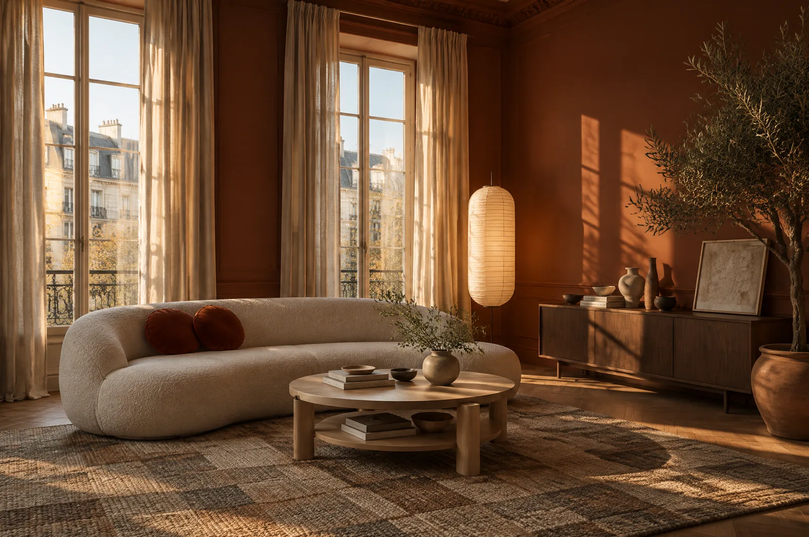 Pinterest-style inspiration image: tall Parisian living room with terracotta walls at sunset, rounded off-white bouclé sofa, round rust cushions, round light-wood coffee table, paper floor lamp, linen curtains, check rug and a potted olive tree (AI-generated illustration)