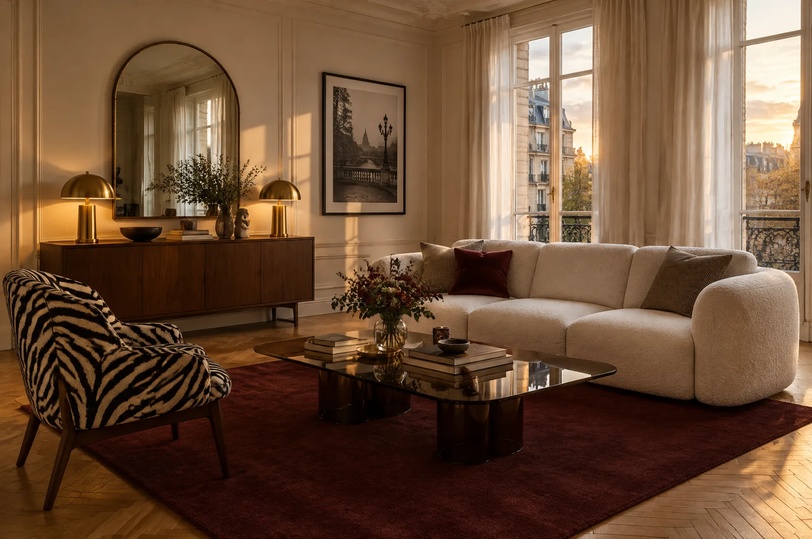 Salon parisien au coucher du soleil : canapé bouclé ivoire, fauteuil zébré, table basse en verre fumé, tapis bordeaux, buffet en noyer et miroir arche (illustration générée)