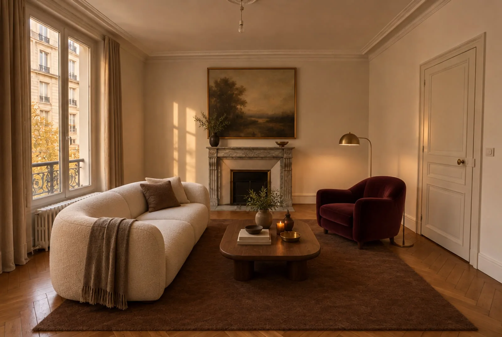 La même image après la consigne, générée par IA : le salon meublé, avec des rideaux que personne n'avait demandés et un parquet devenu plus foncé.