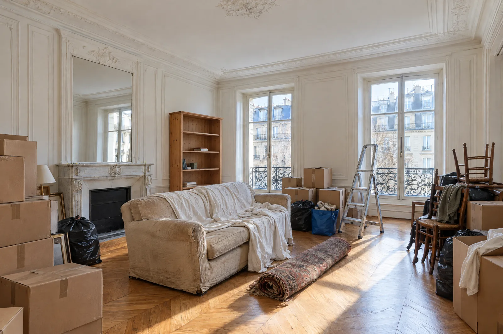The same room cluttered with moving boxes and old furniture before a move-out (AI-generated illustration)