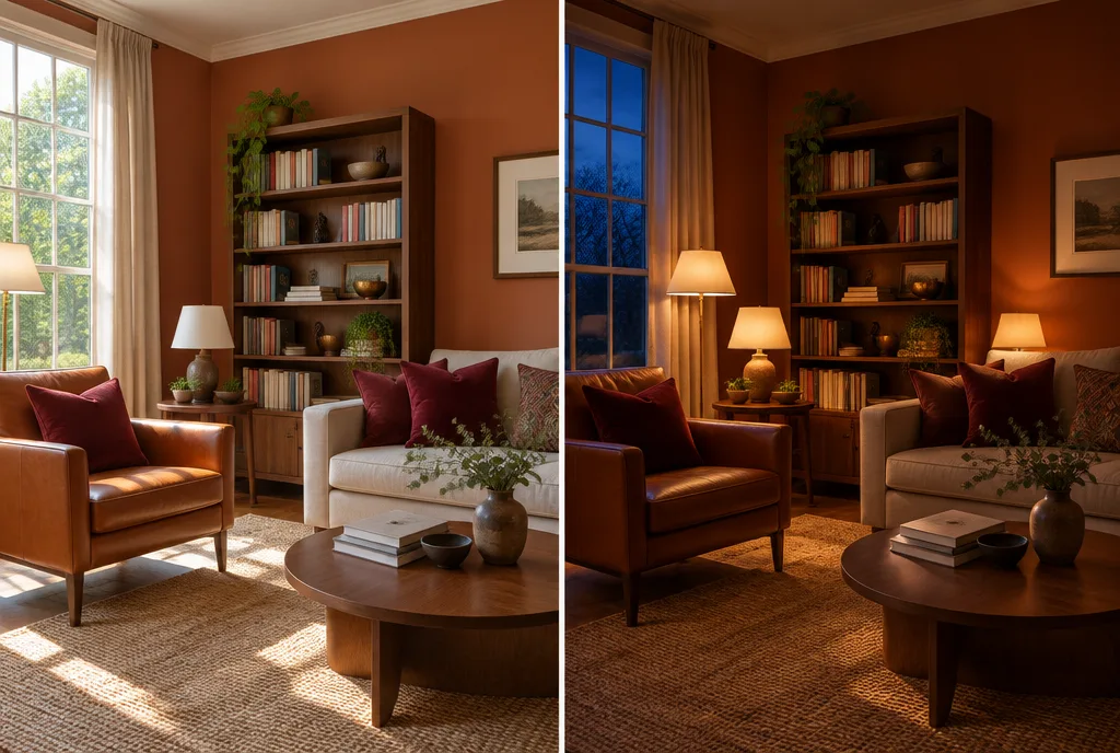 Le même salon vu du même angle, en plein jour à gauche et le soir à droite, lampes allumées (illustration générée)