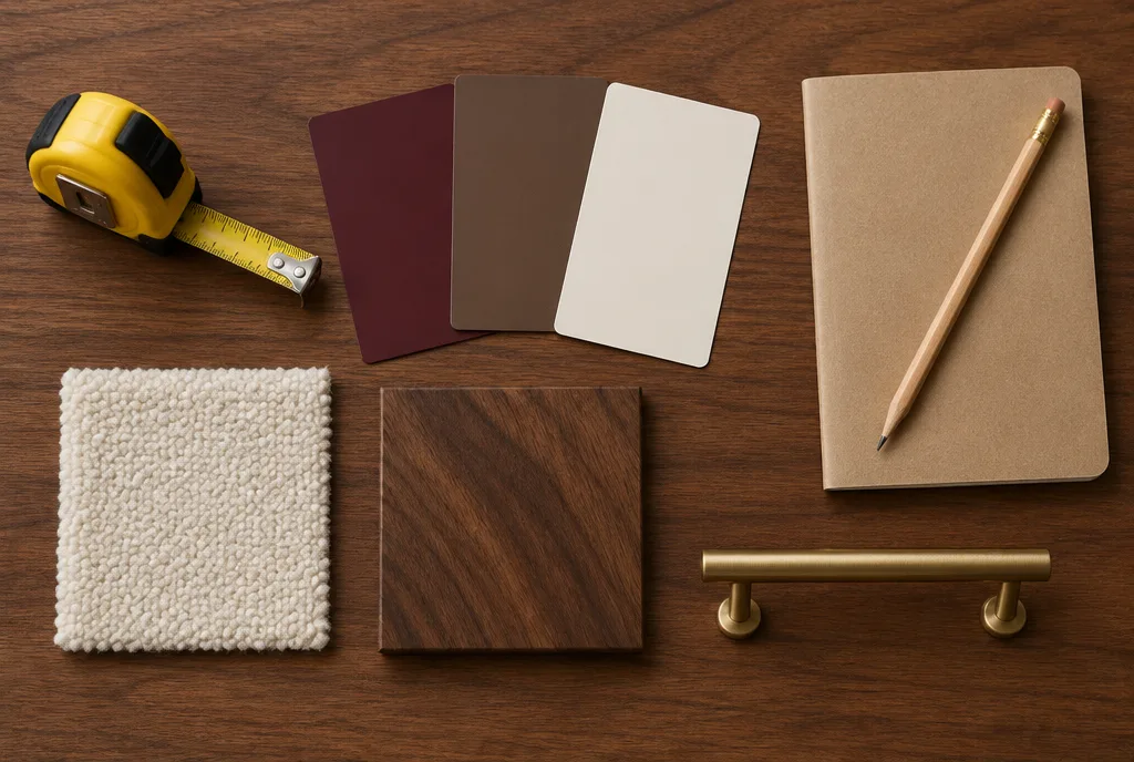 Un mètre ruban, des nuanciers de peinture, un carré de tissu bouclé, un échantillon de noyer et un carnet (illustration générée)