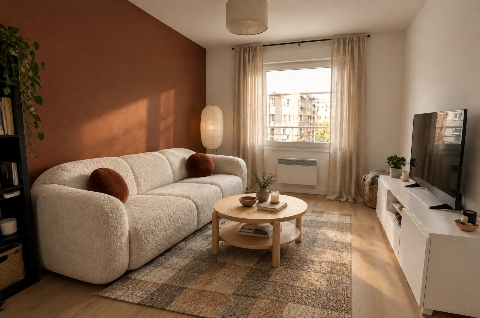 The same living room after the changes: terracotta wall behind a rounded bouclé sofa, round birch table, paper floor lamp, linen curtains hung under the ceiling, check rug (AI-generated illustration based on the before image, not an app render)
