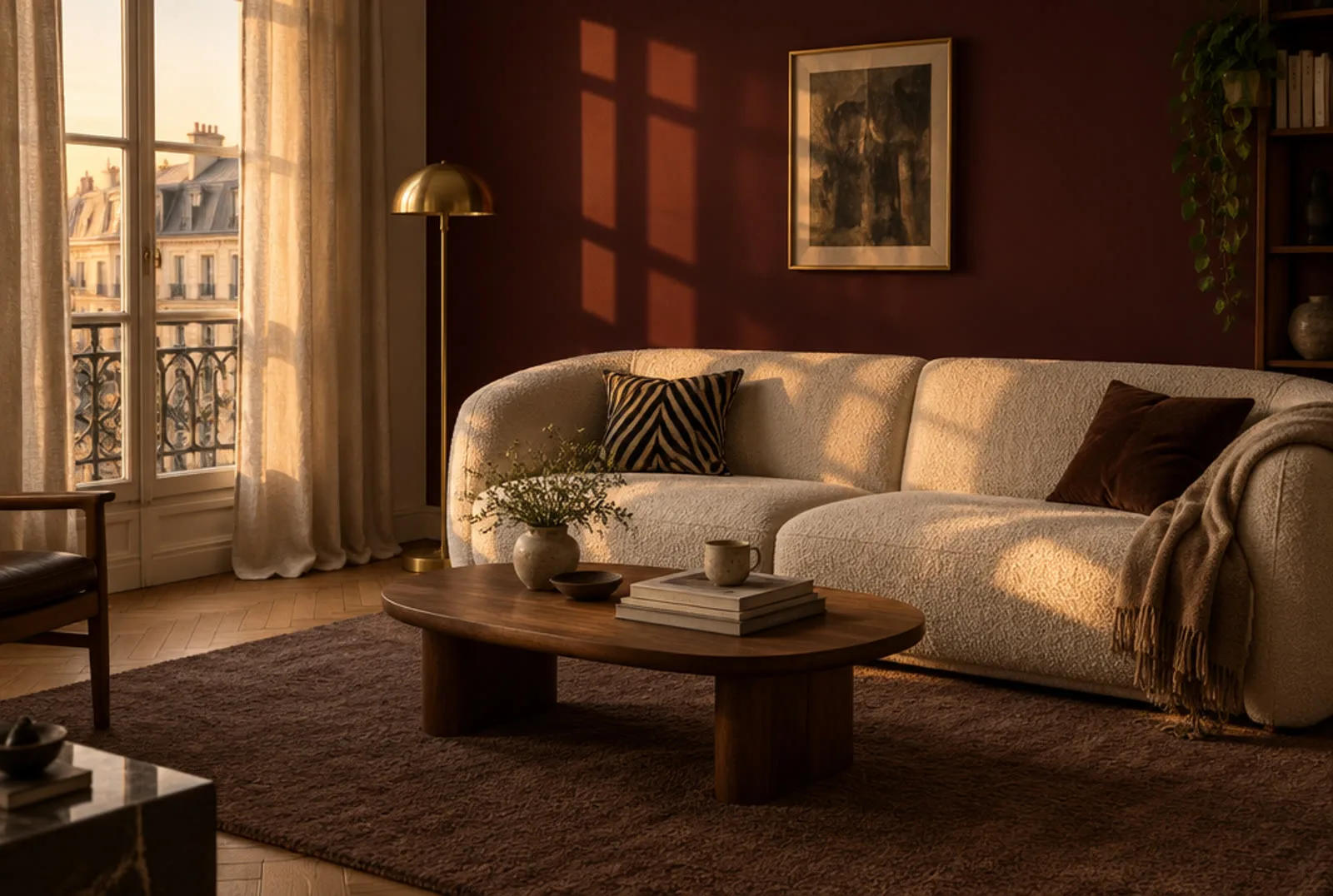 Salon au canapé bouclé crème, table basse en noyer et mur bordeaux dans la lumière du soir. Image générée par IA pour illustrer ce guide.