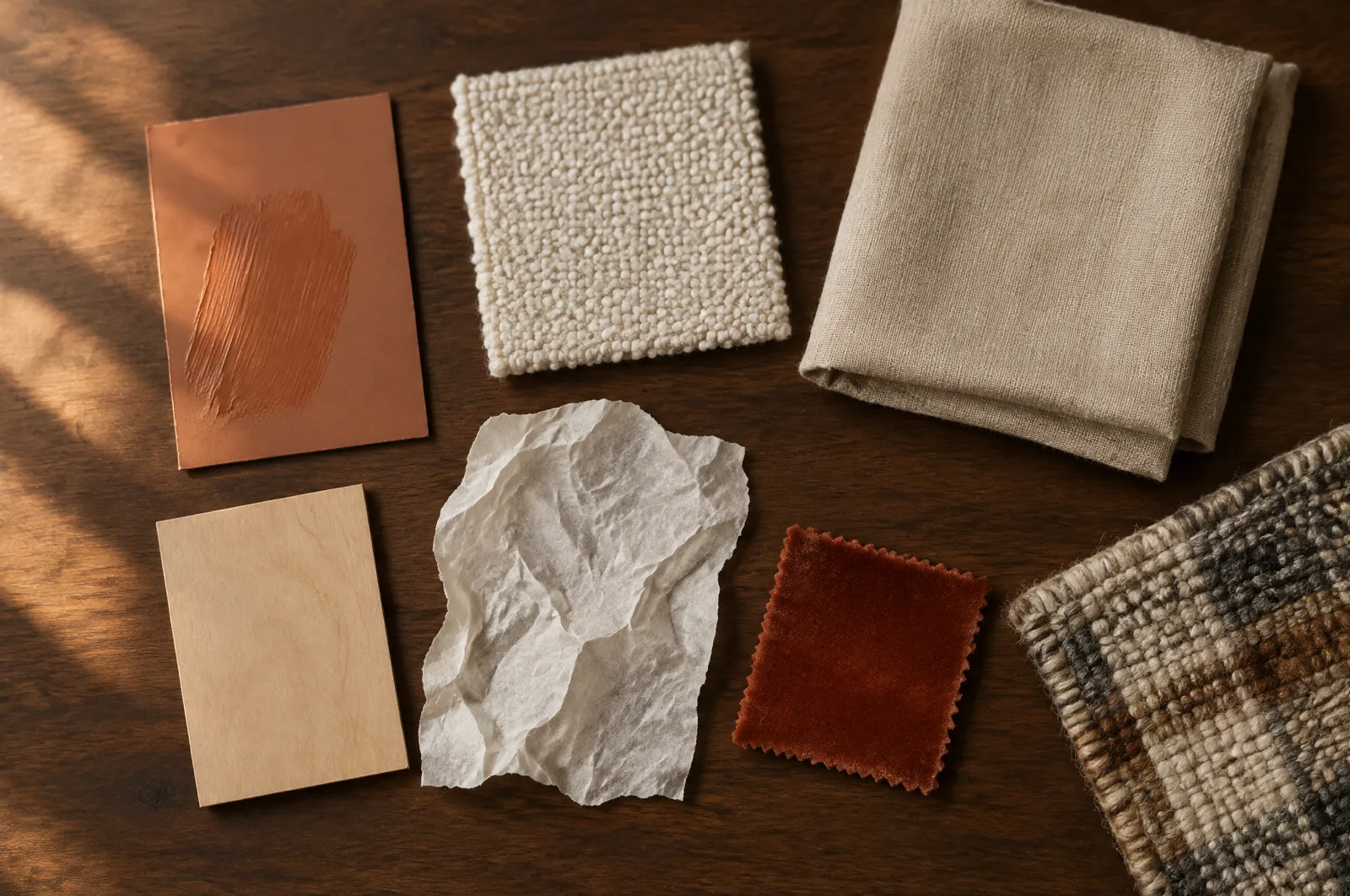 Material board pulled from the inspiration image: matte terracotta paint, off-white bouclé, beige linen, birch, rice paper, rust velvet, a wool and jute check rug (AI-generated illustration)