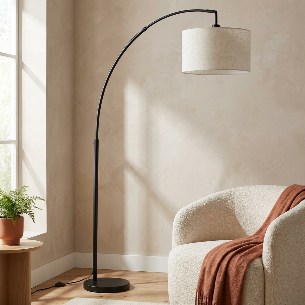 This marble-base arc lamp transforms a living-room corner