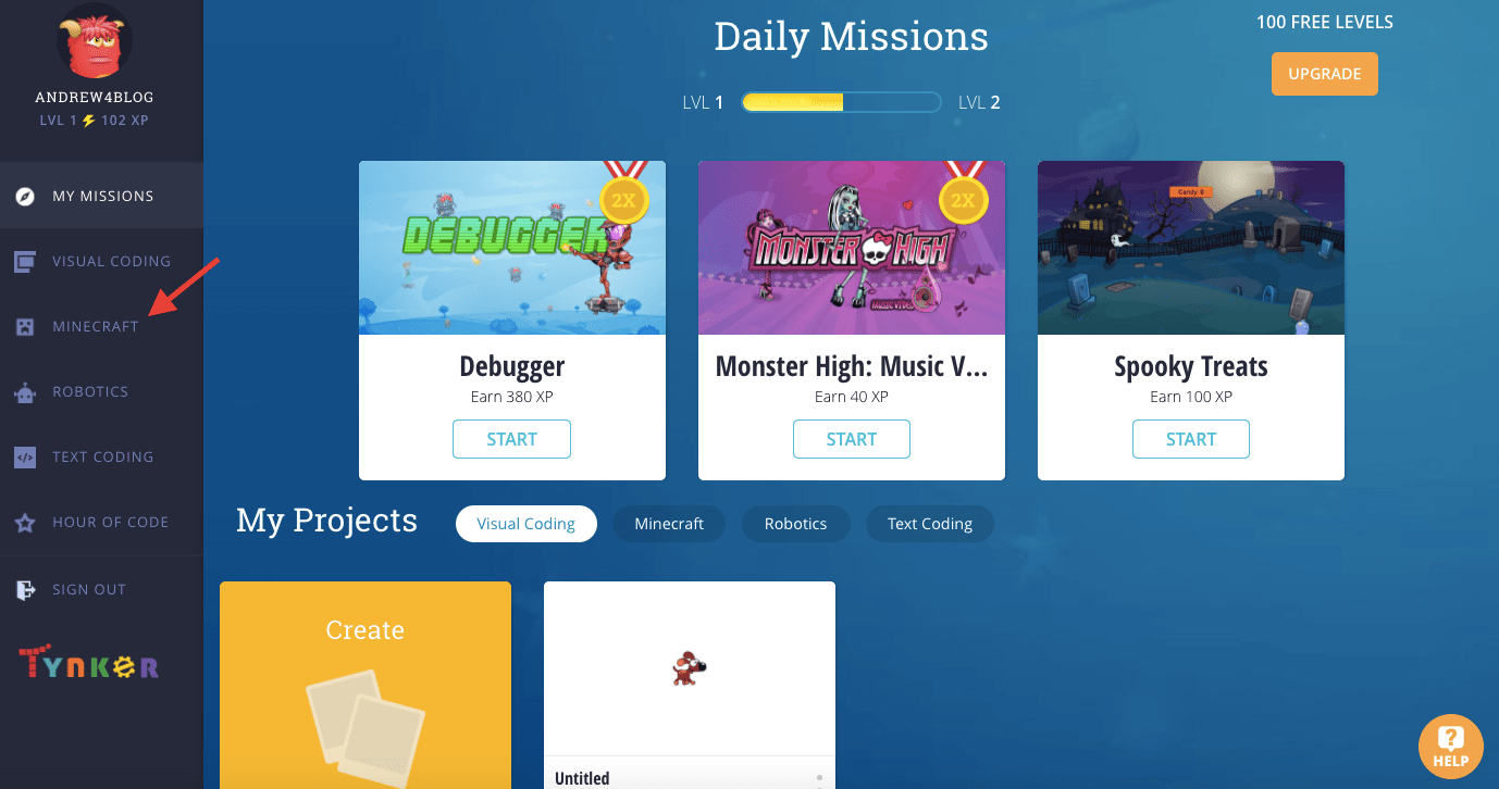 Select Minecraft from Tynker's Dashboard