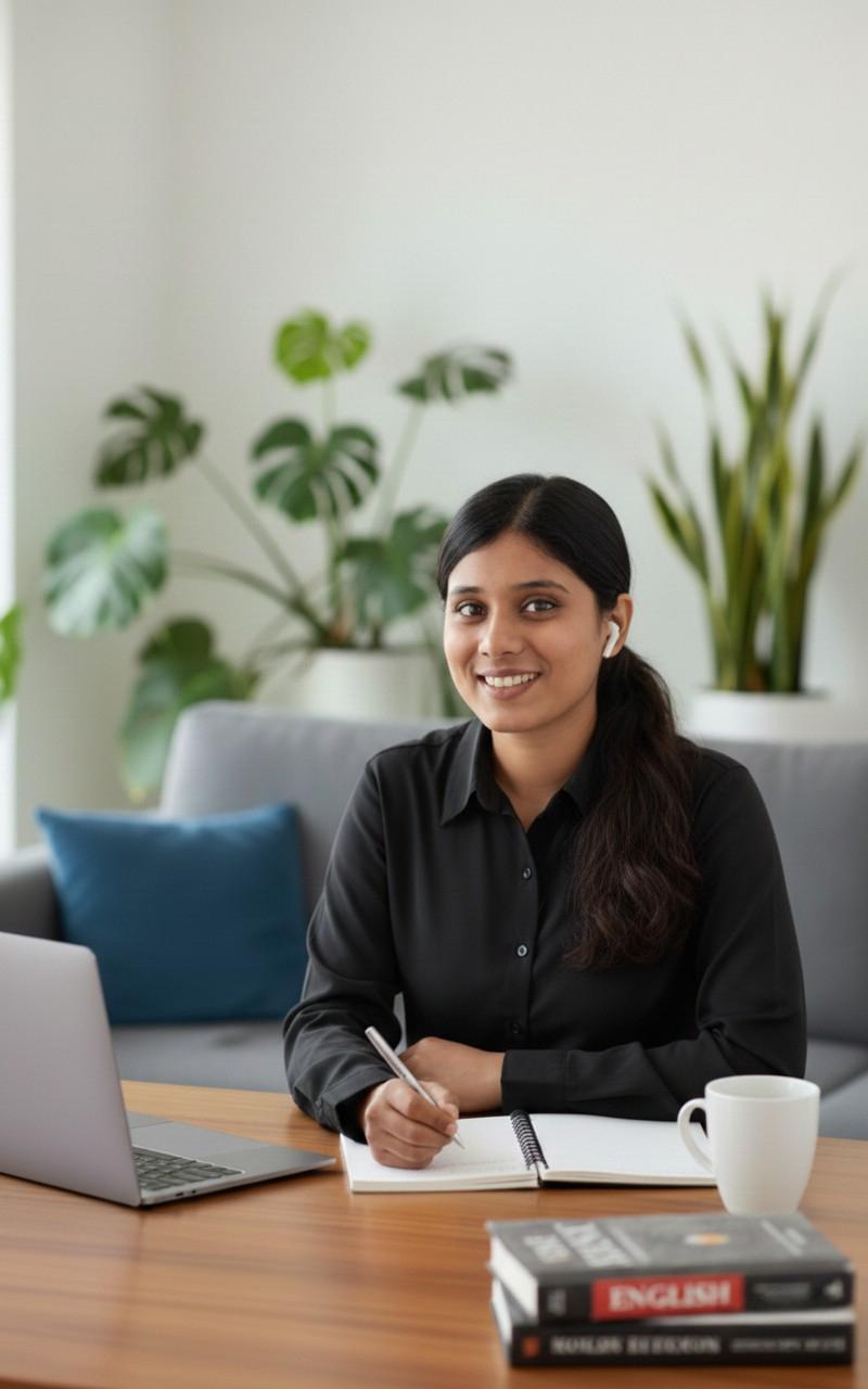 Professional woman speaking confidently in a modern office setting